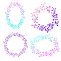 Hand drawn delicate rainbow vector set of flower frames, wreaths of twigs and small flowers with a gradient of blue and