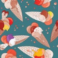 Delicious ice cream in cones with waffle heart. seamless pattern. Vector illustration on dark turquoise background