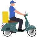 Hand-drawn delivery guy riding a scooter. Delivery man with a package on bike Royalty Free Stock Photo