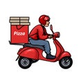 Hand drawn delivery man with pizza boxes riding red scooter. Vector illustration isolated on white background Royalty Free Stock Photo