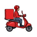 Delivery man riding red scooter in cartoon style. Vector illustration isolated on white background. Royalty Free Stock Photo