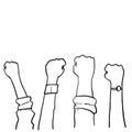 Hand drawn Demonstration, revolution, protest raised arm fist with Fight for Your Rights caption. arm silhouette on isolated