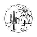 Hand drawn desert circle. Round western landscape sketch with cactus, sunset and rocks. Royalty Free Stock Photo