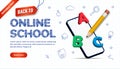 Hand drawn design back to school concept with editable text effect. Landing page online school with 3d pencil, alphabet and