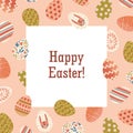 Hand-drawn design of Eastern greeting card. Square-shaped postcard with frame of painted eggs and Happy Easter