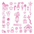 Hand drawn design elements of little princess. Sketchy fairy tale princess