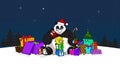 Hand drawn design of Panda as Santa with blocks, a lot of presents, new year's tree and many others decorations