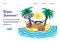 Hand-drawn design of a tourist banner with palm trees, sea, hammock, backpack, sun umbrella, for a popular tourist blog, landing