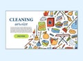 Hand drawn design visiting card for cleaning service. Clean Tools Banner Hand drawn Doodle style. Illustration for