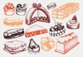 Hand drawn desserts illustrations set. Layer cakes, biscuits, eclairs, vanilla slices, tartlets, cheesecake, meringue sketches in