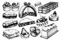 Hand drawn desserts illustrations set. Layer cakes, biscuits, eclairs, vanilla slices, tartlets, cheesecake, meringue sketches