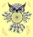 hand drawn Detailed ornate Owl with dream catcher in zentangle style. banner  invitation  card  t-shirt  bag  postcard  poster Royalty Free Stock Photo