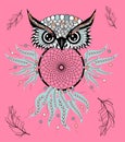 hand drawn Detailed ornate Owl with dream catcher in zentangle style. banner, invitation, card, t-shirt, bag, postcard Royalty Free Stock Photo