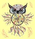 hand drawn Detailed ornate Owl with dream catcher in zentangle style. banner, invitation, card, t-shirt, bag, postcard Royalty Free Stock Photo