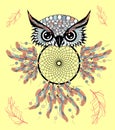 hand drawn Detailed ornate Owl with dream catcher in zentangle style. banner, invitation, card, t-shirt, bag, postcard Royalty Free Stock Photo