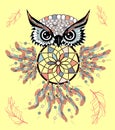 hand drawn Detailed ornate Owl with dream catcher in zentangle style. banner, invitation, card, t-shirt, bag, postcard Royalty Free Stock Photo