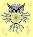 hand drawn Detailed ornate Owl with dream catcher in zentangle style. banner, invitation, card, t-shirt, bag, postcard Royalty Free Stock Photo