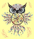 hand drawn Detailed ornate Owl with dream catcher in zentangle style. banner, invitation, card, t-shirt, bag, postcard Royalty Free Stock Photo