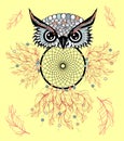 hand drawn Detailed ornate Owl with dream catcher in zentangle style. banner, invitation, card, t-shirt, bag, postcard Royalty Free Stock Photo