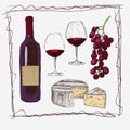 Hand drawn detailed set line art vintage wine bottle, grape bunch, wine glasses and cheese hand drawn illustration set