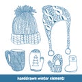 Hand drawn detailed winter items isolated on white background. Knitted winter hat, mug, cup, mittens, boots.Vector Illustration.