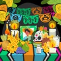 hand drawn dia de muertos family home altar vector design illustration