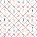 Hand-Drawn Diagonal Plaid with Sailing Ropes, Zeppelin Knots, Marine Landscape and Lightouses Vector Seamless Pattern. Royalty Free Stock Photo