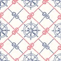 Hand-Drawn Diagonal Plaid with Sailing Ropes, Zeppelin Knotsand Vessel Steering Wheel Vector Seamless Pattern.