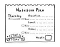 Hand drawn diet plan in doodle style for breakfast, lunch and dinner. Healthy meal concept for weight loss, calories count in kcal Royalty Free Stock Photo