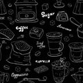 Hand drawn different coffee pattern, white line on the black background. Cafe menu