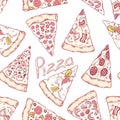 Hand drawn different pizza slices seamless pattern. Pizzeria background