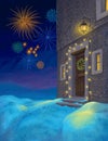 Hand drawn digital christmas illustration of night christmas outside view