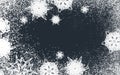 Hand drawn digital illustration of white ornamental snowflakes on dark blue background.