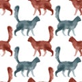 Hand drawn digital watercolor seamless pattern with walking cats. Stock illustration with colorful pets