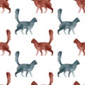 Hand drawn digital watercolor seamless pattern with walking cats. Stock illustration with colorful pets