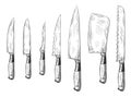 Hand drawn dinner knife. Vintage chef knives, engraved kitchen knife vector illustration set
