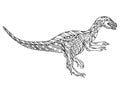 Hand drawn dinosaur velociraptor mongoliensis. Coloring book page antistress for adults and children. Prehistoric doodle cartoon Royalty Free Stock Photo