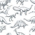 Hand drawn dinosaurs background. Vector seamless pattern. Sketch illustration for textile kids print, fabric design Royalty Free Stock Photo