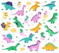 Hand drawn dinosaurs. Cute dino baby in eggs, jurassic era dinosaur characters, diplodocus and tyrannosaurus vector