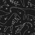 Hand drawn dinosaurs and relict plants. Funny doodle cartoon dino seamless pattern