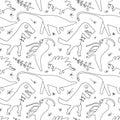 Hand drawn dinosaurs and relict plants. Funny doodle cartoon dino seamless pattern