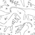 Hand drawn dinosaurs and relict plants. Funny doodle cartoon dino seamless pattern Royalty Free Stock Photo