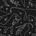 Hand drawn dinosaurs and relict plants. Funny doodle cartoon dino seamless pattern