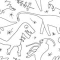 Hand drawn dinosaurs and relict plants. Funny doodle cartoon dino seamless pattern