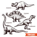 Hand drawn dinosaurs set black doodle