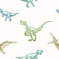 Hand Drawn Dinosaurs Vector Seamless Background Pattern. Tyrannosaurus, Velociraptor and Pterodactyl Colorful Sketches