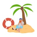 Pirate sitting on sand under palm tree and looking at broken coconut