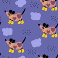 Hand drawn dog in yellow boots walking in the rain seamless pattern. Perfect for T-shirt, textile and print.