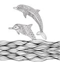 Hand drawn dolphins with scrolling sea wave