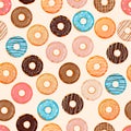 Hand drawn donut seamless pattern. Pastry illustration. Vector bakery background design. Sweets theme